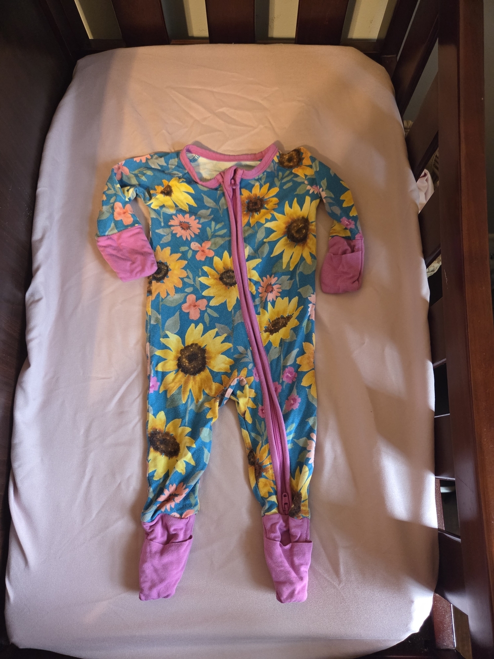 Little Sleepies Blue Sunflower One-Piece Pajamas with Pink Trim